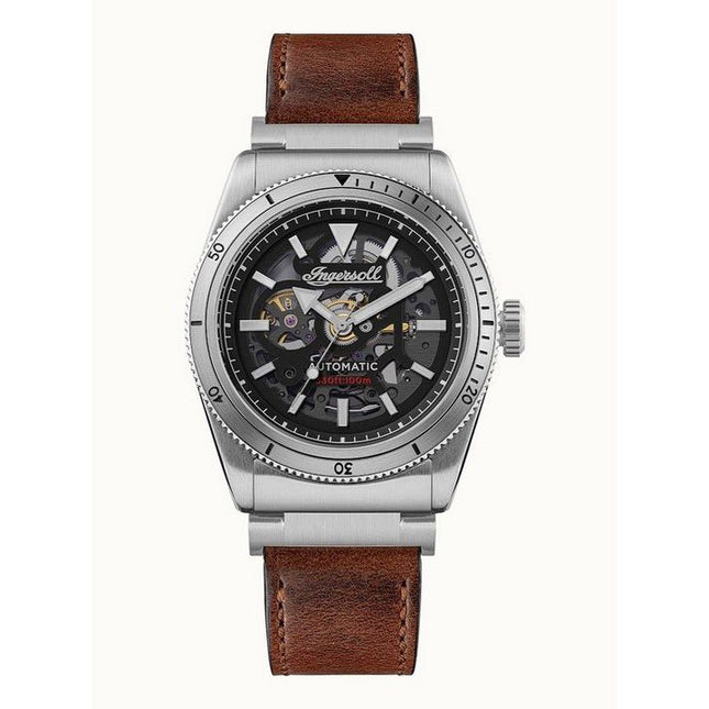 Ingersoll The Scovill Brown Leather Strap Black Skeleton Dial Automatic I13901 100M Mens Watch