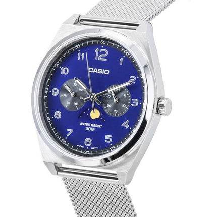 Casio Standard Analog Stainless Steel Mesh Bracelet Moon Phase Blue Dial Quartz MTP-M300M-2A Mens Watch