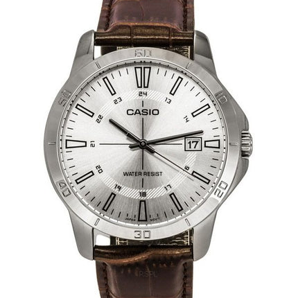 Casio Standard Analog Brown Leather Strap Silver Dial Quartz MTP-V004L-7C Mens Watch