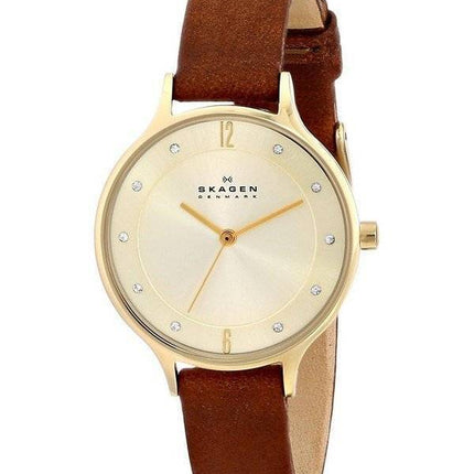 Skagen Anita Gold Dial Brown Leather Crystallized SKW2147 Womens Watch