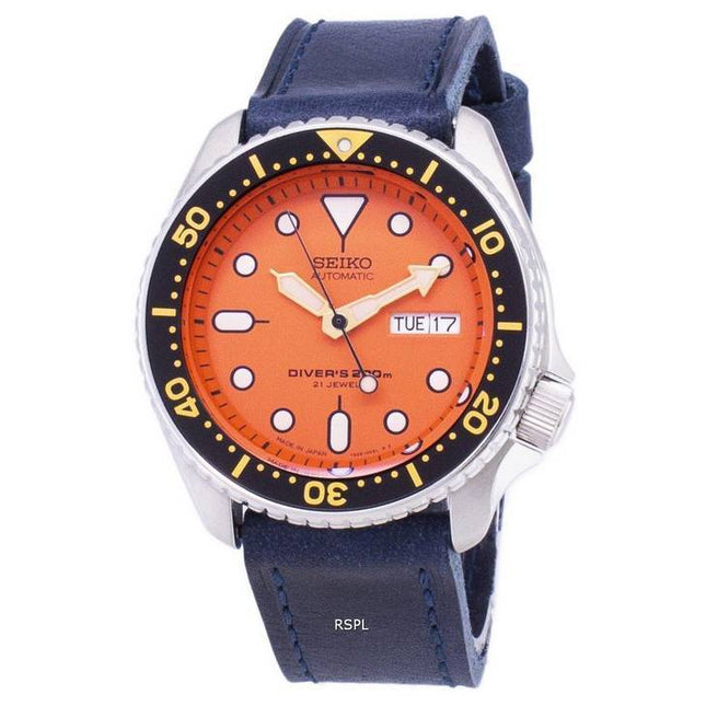 Seiko Automatic SKX011J1-LS13 Diver's 200M Dark Blue Leather Strap Men's Watch
