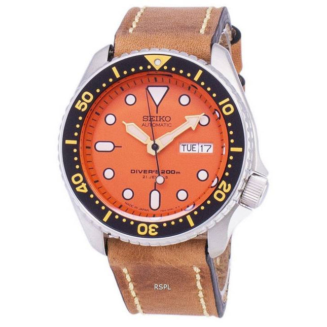 Seiko Automatic SKX011J1-LS17 Diver's 200M Japan Made Brown Leather Strap Men's Watch
