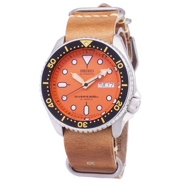 Seiko Automatic SKX011J1-LS18 Diver's 200M Japan Made Brown Leather Strap Men's Watch