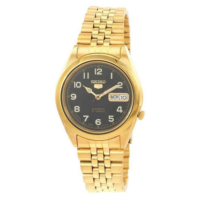 Seiko 5 Gold Tone Jubilee Bracelet Black Dial 21 Jewels Automatic SNKC20J1 Mens Watch