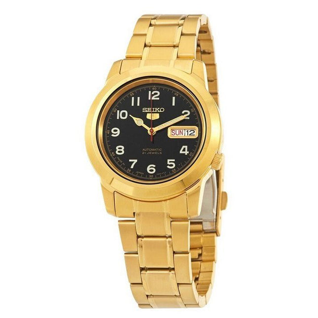 Seiko 5 Gold Tone Stainless Steel Black Dial 21 Jewels Automatic SNKK40J1 Mens Watch