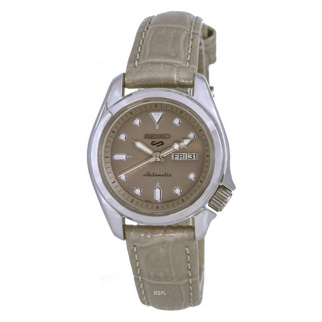 Seiko 5 Sports Compact Leather Beige Dial Automatic SRE005 SRE005K1 SRE005K 100M Womens Watch