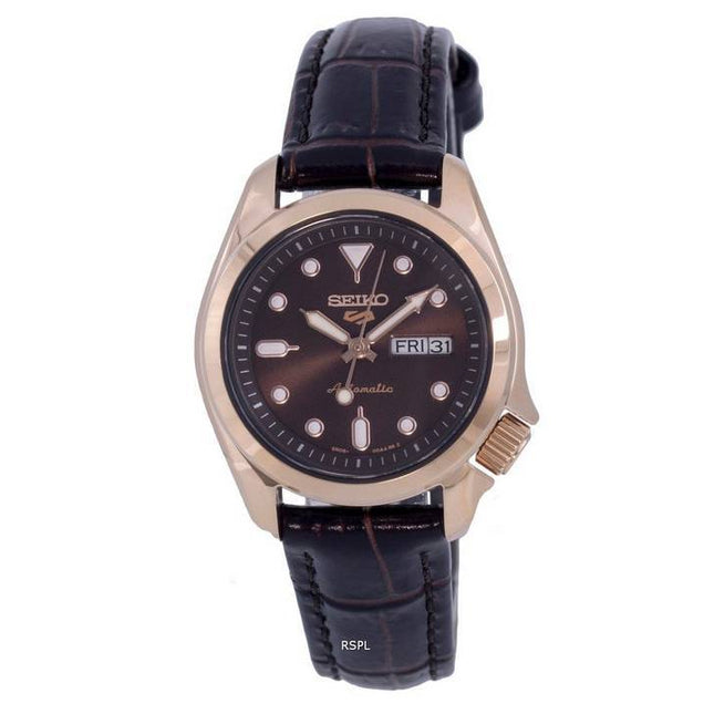 Seiko 5 Sports Compact Leather Brown Dial Automatic SRE006 SRE006K1 SRE006K 100M Womens Watch