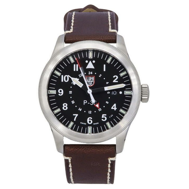 Luminox Air Pilot P-38 Lightning GMT Leather Strap Black Dial Quartz XA.9521 100M Men's Watch