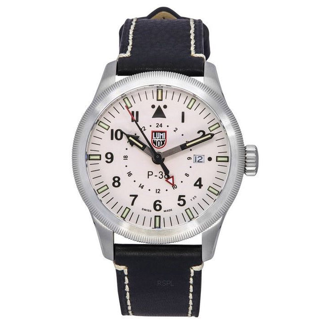 Luminox Air Pilot P-38 Lightning GMT Black Leather Strap White Dial Quartz XA.9527 100M Men's Watch