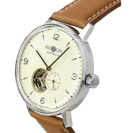 Zeppelin LZ129 Hindenburg Leather Strap Open Heart Beige Dial Automatic 80665N Mens Watch