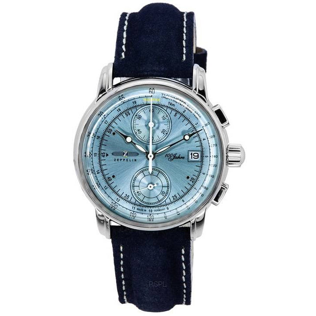 Zeppelin 100 Jahre Chronograph Leather Strap Ice Blue Dial Quartz 86704 Men's Watch
